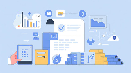 Document management system concept, software system for managing documents, information, organization. document searches and shares, data access, documentation reducing data loss.