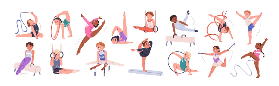 Kids performing rhythmic artistic gymnastics exercises with ribbon, hoop, bars. Boys and girls, children athletes during acrobatics training. Flat vector illustrations isolated on white background.