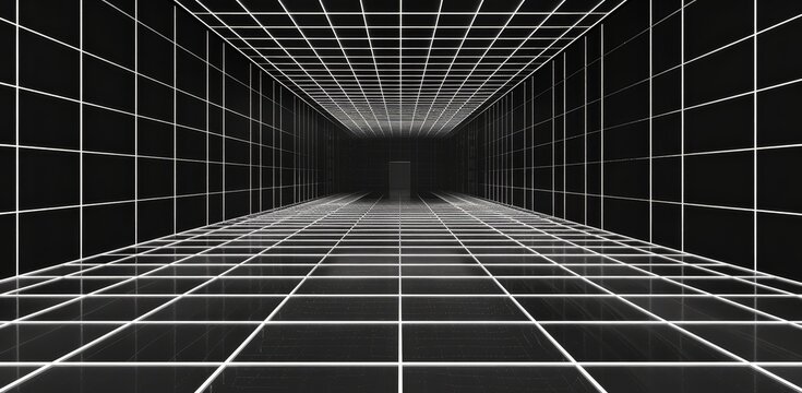 Black grid with white lines forming a 3D wireframe structure of an empty room on dark background, vector illustration.