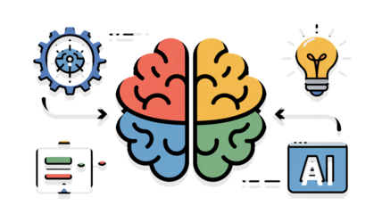 Creative concept of artificial intelligence and innovation, featuring brain, gear, lightbulb, and AI interface for business and technology solutions