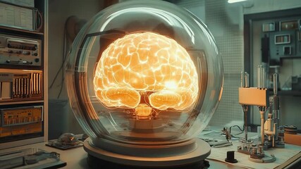 Glowing brain in futuristic laboratory researching artificial intelligence - Powered by Adobe
