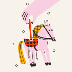 A cute little Christmas toy horse or pony, held by a hand. Vector holiday illustration, card, print, design element.