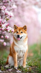 Dog sits amidst pink magnolia blossoms