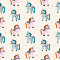 A cute little Christmas toy horse or pony. Vector holiday seamless pattern, background, print, design element