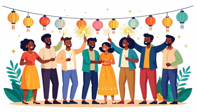 Diverse Friends Celebrating Together at Festive Outdoor Party with String Lights