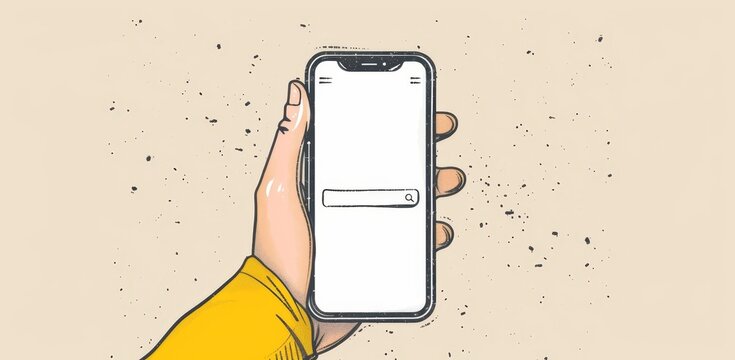 Hand holding an iPhone with a yellow and white search bar, hand-drawn doodle style, simple lines and flat illustration on grey paper texture background.