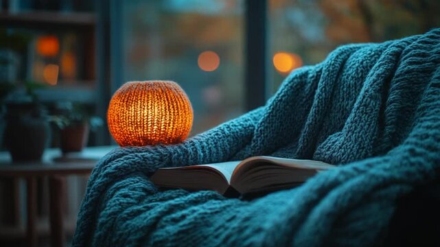 Cozy Evening Reading - A Warm Glow and an Open Book on a Knitted Blanket.