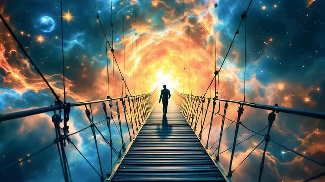 Silhouette walks a bridge towards bright light in a surreal cosmic scene