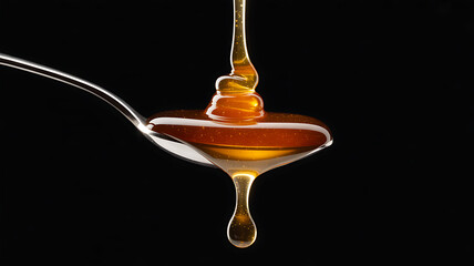 Golden Cooking Oil or Honey Pouring onto Spoon Against Black Background.