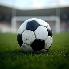 Fototapeta premium Classic Black and White Soccer Ball on Green Grass Field in Daylight
