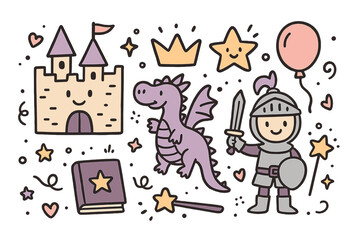 Fototapeta premium Fairy Tale Doodle Icons. Fairy tale doodle icon set: hand drawn icons of castle with smile, crown, star, balloon, dragon, knight,