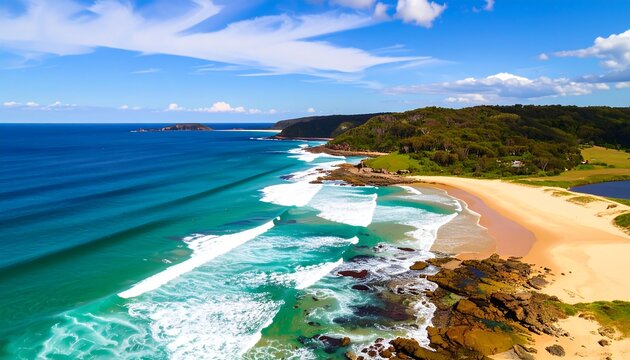 Coastal panorama of a beach with rolling waves and rocky outcrops.  Vast expanse of ocean, sandy beach, and lush green vegetation.  Clear blue sky with puffy clouds