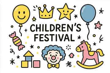 Children's Festival Icons. Children&rsquo;s festival doodle icon set: hand drawn icons of balloons with smile, crown, star, balloon,