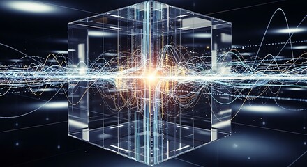 Abstract Cube with Light Streaks and Digital Waveforms