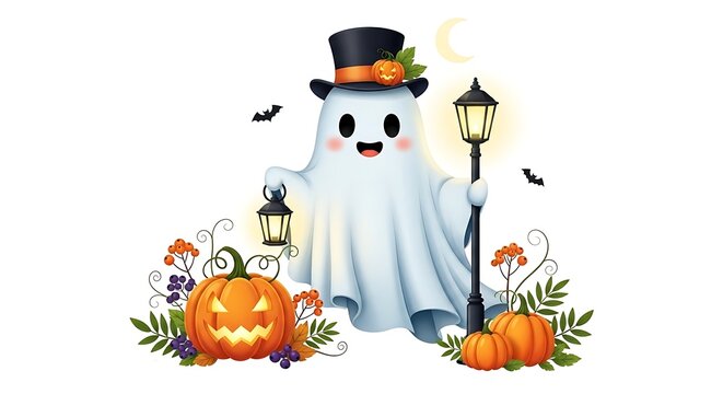 Cute Ghost Character with Pumpkins and Lanterns for Halloween Celebration.