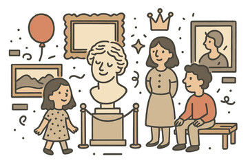Art Museum Doodle. Museum of art illustration doodle style: hand drawn sculpture with smile, frame, crown, star, balloon, visitors