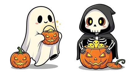 Fototapeta premium Cute Halloween Ghost and Skeleton with Pumpkin Baskets.