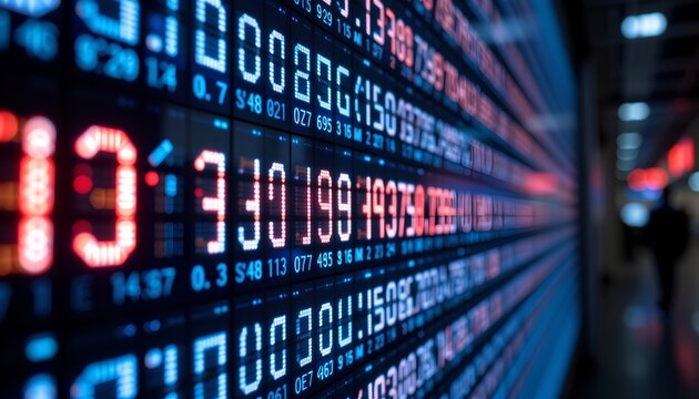 Abstract digital stock market information board with glowing numbers and data, symbolizing financial analysis