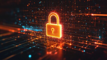 Digital security concept with glowing padlock