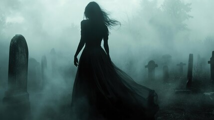 Woman in silhouette at a misty graveyard