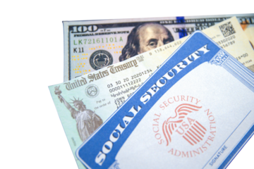 U.S. Treasry check with Social Security Card and 100 dollars bill in the backdrop, transparent. Pension, health, money