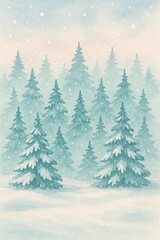 Obraz premium Snow-covered pine trees in a serene winter landscape during a gentle snowfall at dawn
