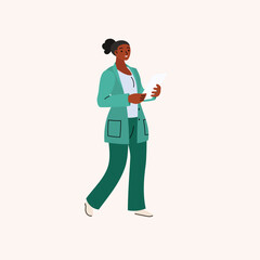 Female doctor. Young woman medic worker in uniform scrub is holding a clipboard with a medical record . Flat minimalistic modern design. Vector illustration.