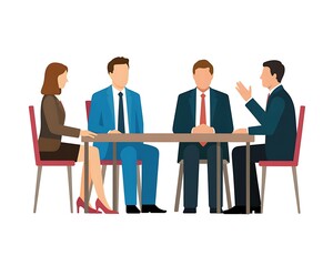 Business meeting with four professionals sitting around a table discussing ideas