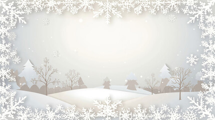 Beautiful snowy winter landscape with pine trees and falling snowflakes, frosty natural scene for Christmas background, holiday banner, or greeting card template