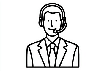 A professional man wearing a suit and a headset stands ready to assist with customer service. He has a friendly expression and is engaged in a supportive role, aiming to help clients effectively.