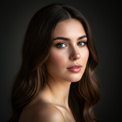 Naklejka premium Beautiful Woman with Natural Makeup and Wavy Brown Hair Portrait in Soft Light