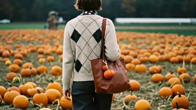 Woman in argyle sweater walking through pumpkin patch with tote bag for autumn harvest or preppy Halloween concept
