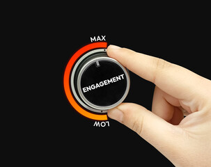 Maximum engagement in business showing with knob turning full by hand close up, strategy, marketing