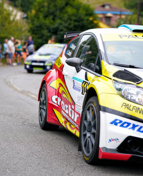 Peugeot 208 Rally4 car competing on a mountain road during Rally Villa de Mieres in Asturias Spain on August 2 2025. 
