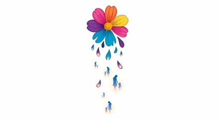 Obraz premium Colorful Flower with Water Droplets Rain on White Background, Creative Nature Concept