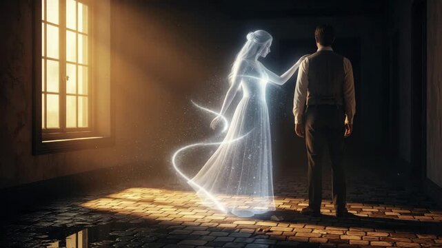 Touching moment as a glowing ethereal woman&rsquo;s spirit gently reaches out to a man in a sunlit room, symbolizing spiritual connection, afterlife contact, and love beyond the veil