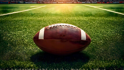 Obraz premium Rugby ballplaced on the green field of a stadium under natural light, representing competition, teamwork and professional outdoor sport