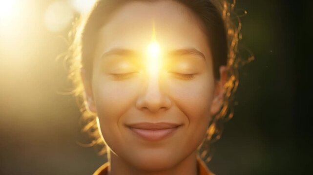 Smiling woman with eyes closed, radiant golden light shining from her third eye, surrounded by a sunlit, natural background, symbolizing spiritual awakening and inner peace