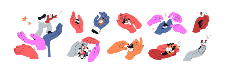 Concept set with hands holding tiny people. Support and care, violence, blame, authority, social protection and help. Psychology, flat vector illustrations isolated on white background.