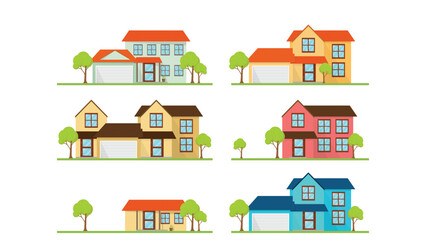 Modern Family House Collection Vector Illustration – Set of Colorful Suburban Homes with Trees and Garages