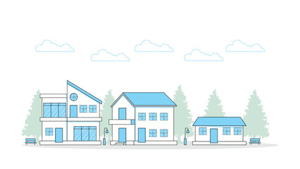 Modern Residential Street Vector Illustration – Minimal Blue Line Design of Houses with Trees and Benches