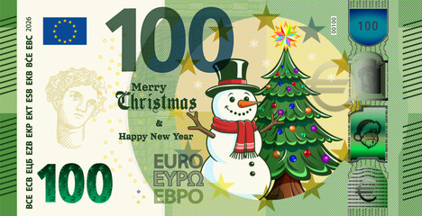 Vector comical festive of European banknote. Obverse of 100 euro note. Merry Christmas and Happy New Year. Cartoon smiling snowman in top hat and scarf. Holiday fir tree with balls. Europe money