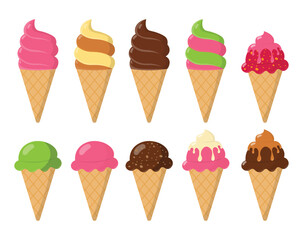 Ice Cream Cone Collection Vector Illustration – Assorted Flavors of Soft Serve and Scoop Ice Creams on Waffle Cones