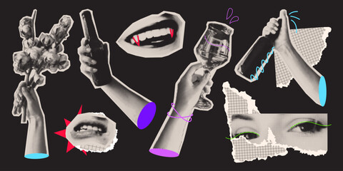 Y2k halftone aesthetic with retro collage elements - hands and lips, eyes and geometric shapes in monochrome dotted texture. Vintage internet culture graphics with neon colors for nostalgic designs.