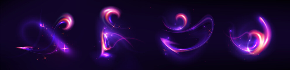 Magic neon swirls set isolated on black background. Vector realistic illustration of abstract color waves glowing in dark, fantasy fairy trail, shimmering purple, blue and orange glitter dust effect