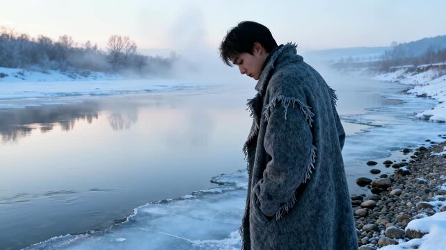 A contemplative moment by the frozen river, capturing the beauty of winter scenery and introspection. The chilly atmosphere invites reflection and serenity amidst nature's calm.