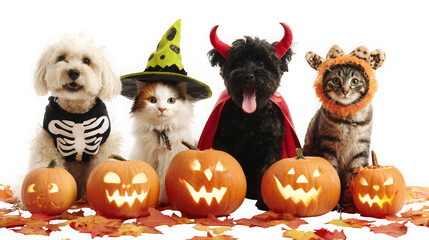 Group of cute pets including dog, cat, and kitten dressed in halloween costumes with carved pumpkins isolated on transparent background