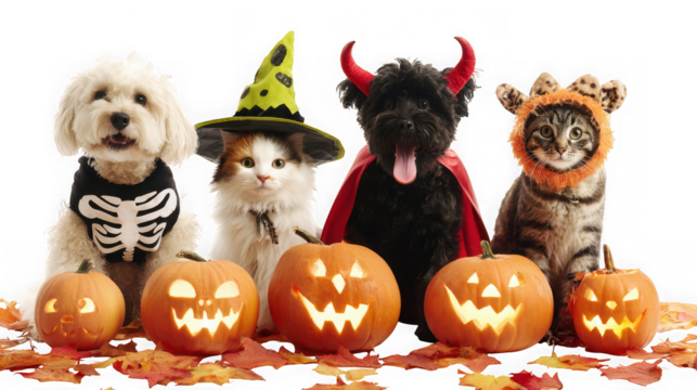 Group of cute pets including dog, cat, and kitten dressed in halloween costumes with carved pumpkins isolated on transparent background
