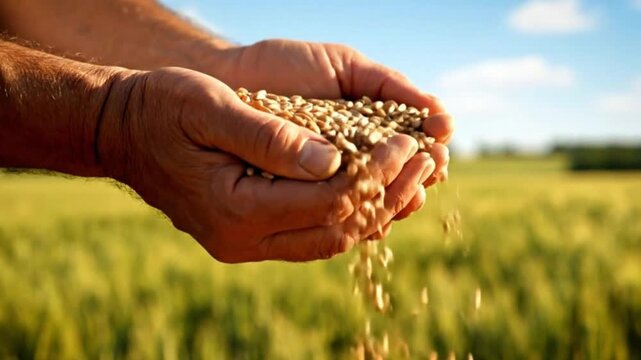 Close-up on a person's weathered hands gently pouring golden cereal grains, likely wheat, allowing the individual kernels to sift through their fingers. The background features a softly blurred, vibra