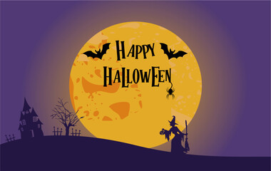 Halloween party card template - spooky castle, dead tree, full moon, bats and witches carrying pumpkins. Vector illustration.